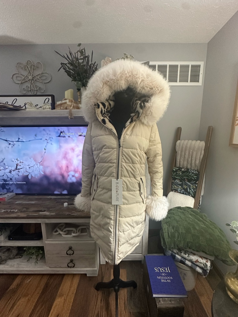 Women's Cream Down Coat with Fur-Trim Hood